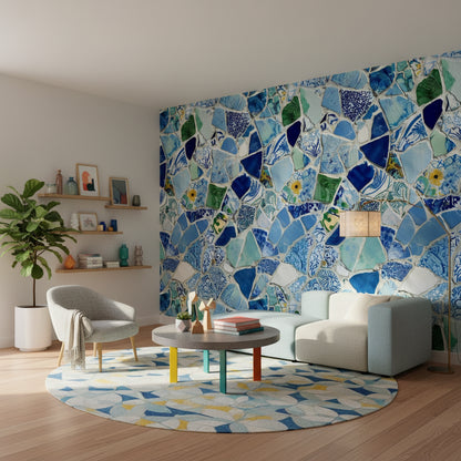 Mavi Mozaik Desenli Duvar Kağıdı Modern Salon