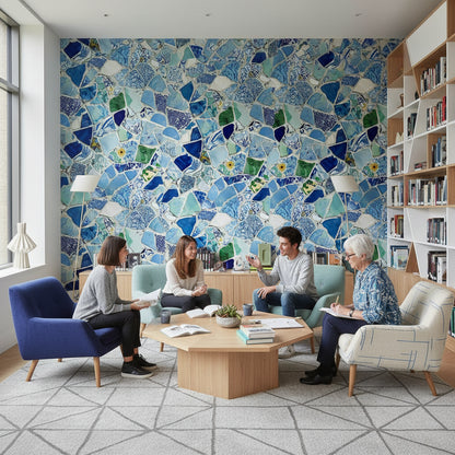 Mavi Mozaik Desenli Duvar Kağıdı Modern Salon