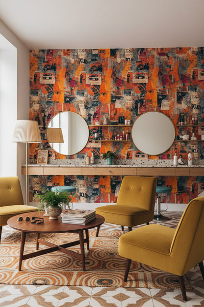 Soyut Kolaj Duvar Kağıdı Turuncu Gri Modern Salon Dekoru