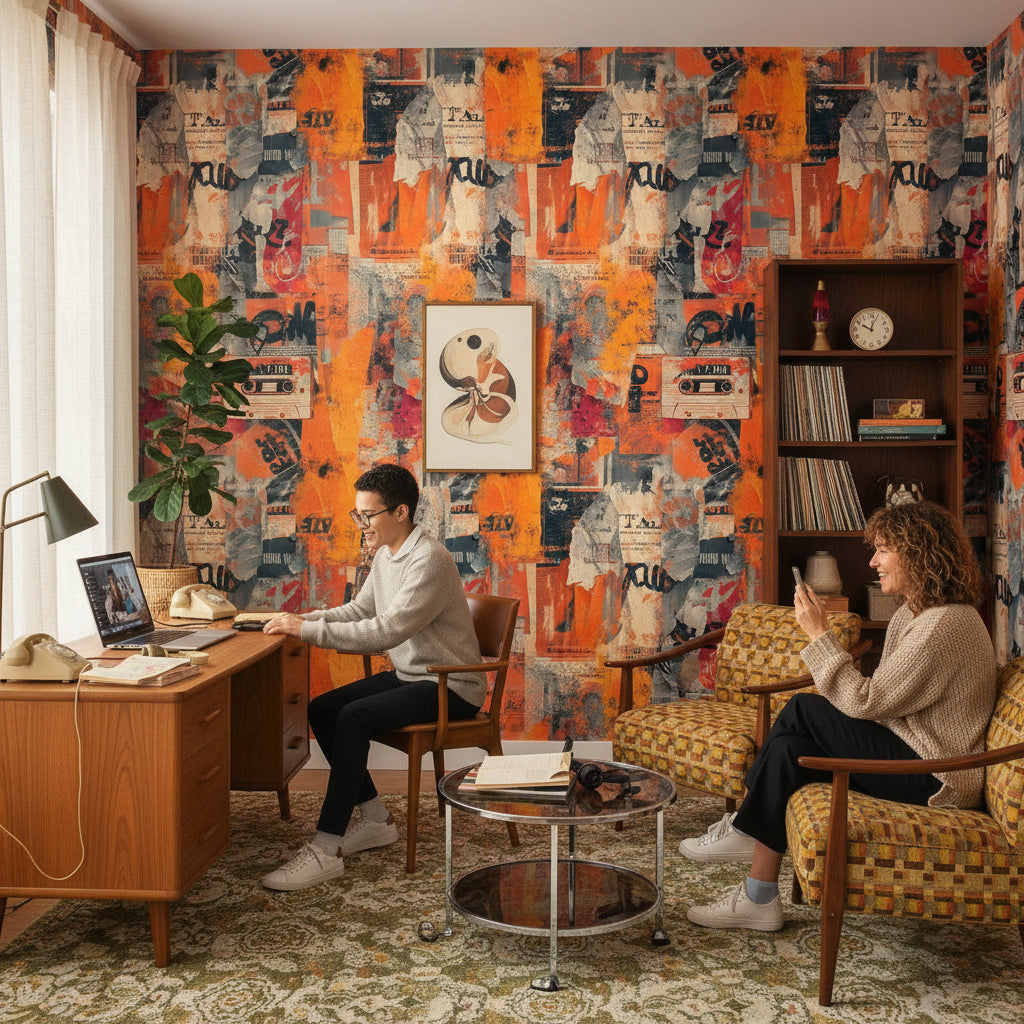 Soyut Kolaj Duvar Kağıdı Turuncu Gri Modern Salon Dekoru