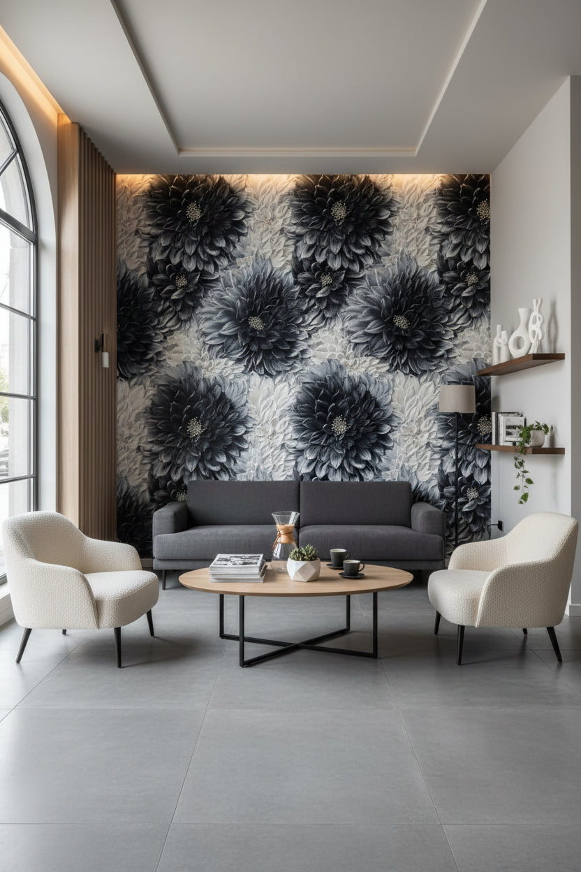 Siyah Beyaz Büyük Çiçekli Duvar Kağıdı Modern Salon