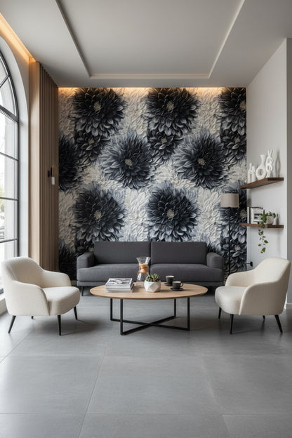 Siyah Beyaz Büyük Çiçekli Duvar Kağıdı Modern Salon