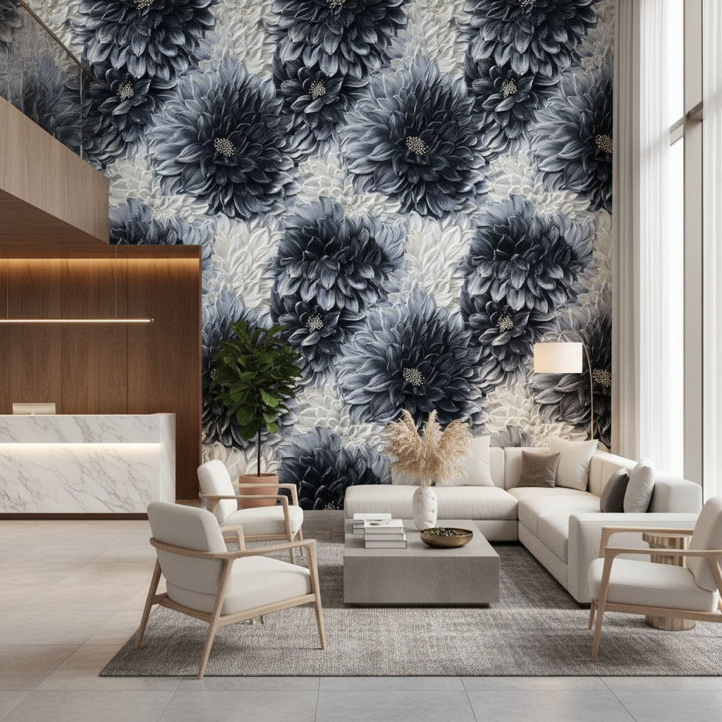 Siyah Beyaz Büyük Çiçekli Duvar Kağıdı Modern Salon