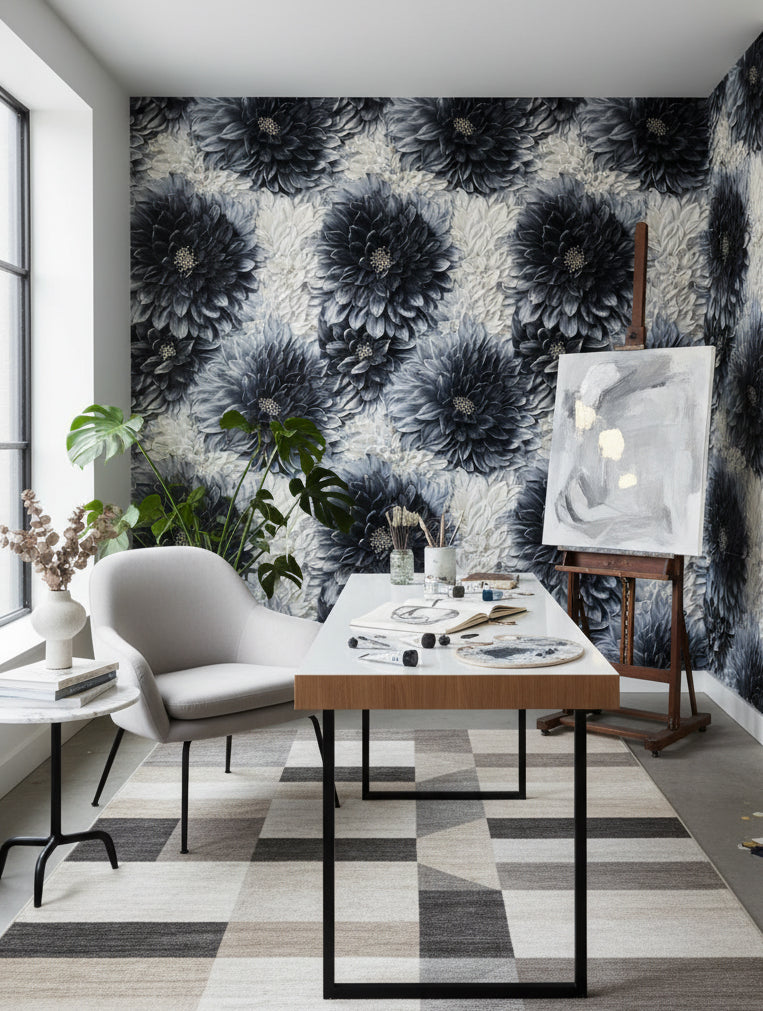 Siyah Beyaz Büyük Çiçekli Duvar Kağıdı Modern Salon