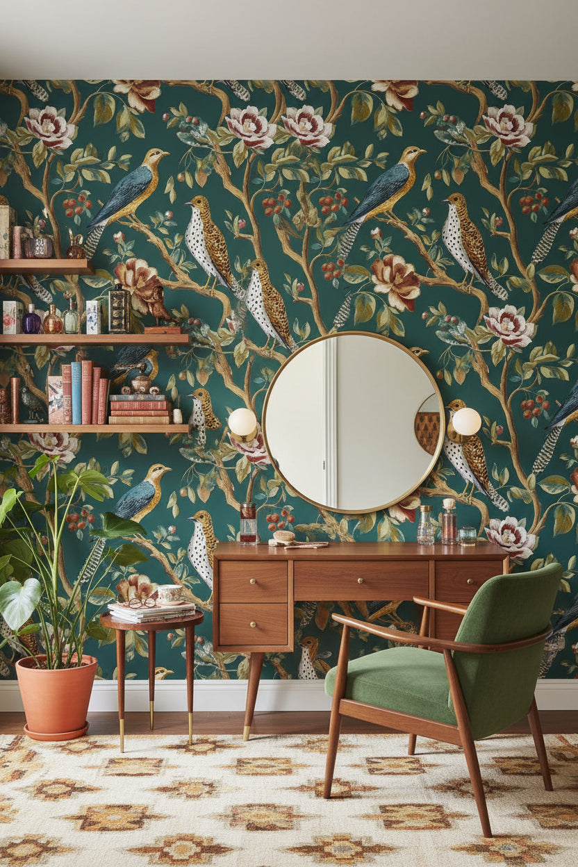 Kuşlu Çiçekli Duvar Kağıdı Koyu Yeşil Vintage Salon