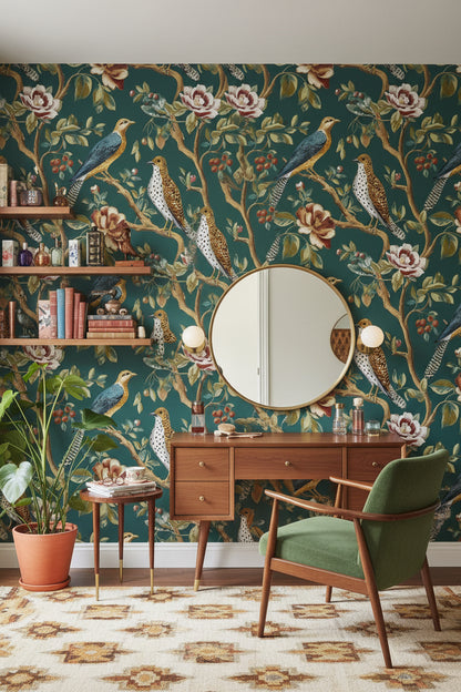 Kuşlu Çiçekli Duvar Kağıdı Koyu Yeşil Vintage Salon