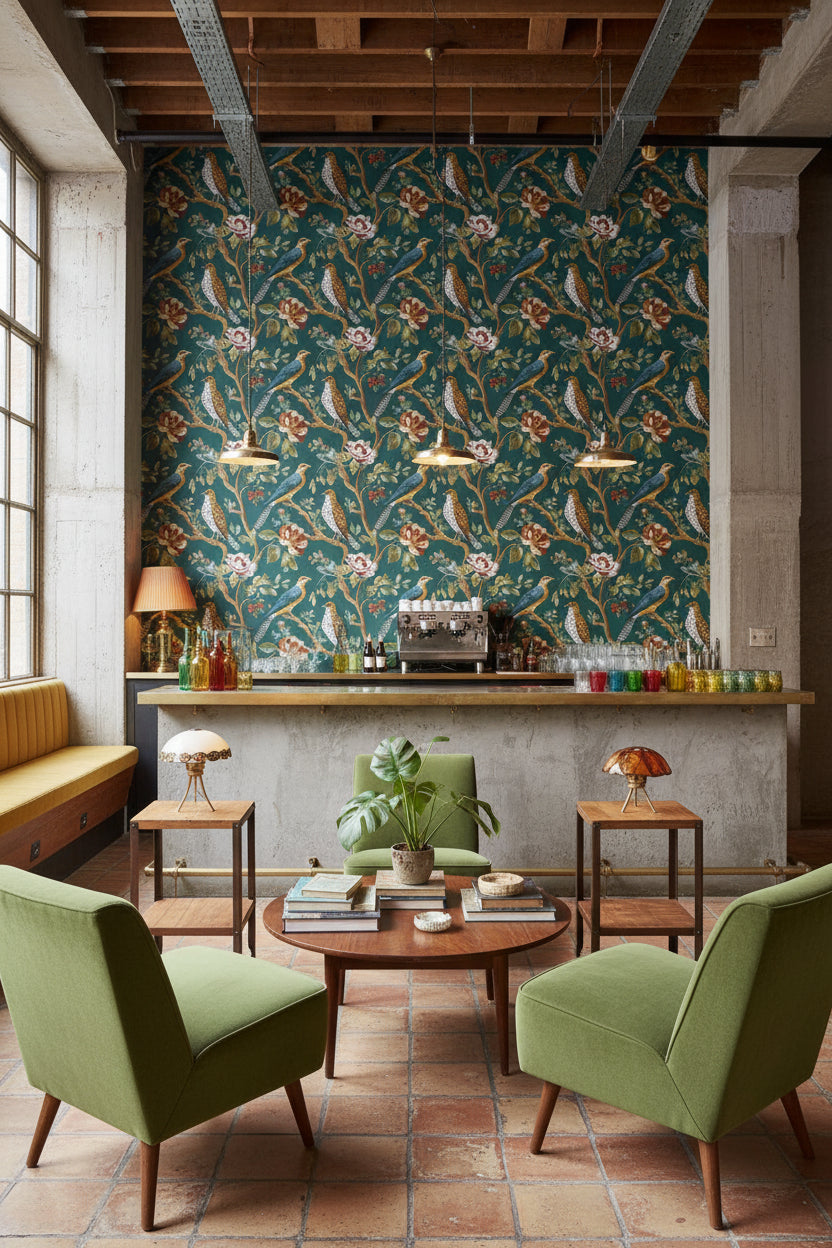 Kuşlu Çiçekli Duvar Kağıdı Koyu Yeşil Vintage Salon