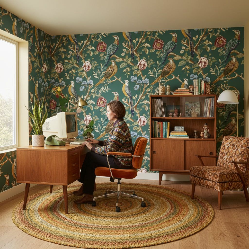 Kuşlu Çiçekli Duvar Kağıdı Yeşil Vintage Salon Deseni