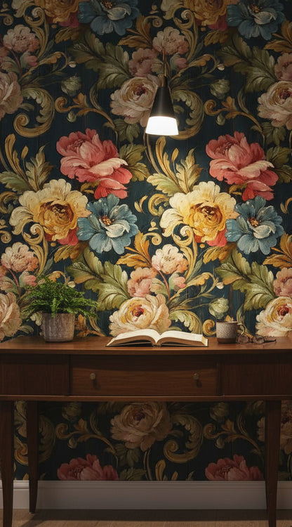 Vintage Çiçekli Duvar Kağıdı Koyu Zeminli Klasik Salon