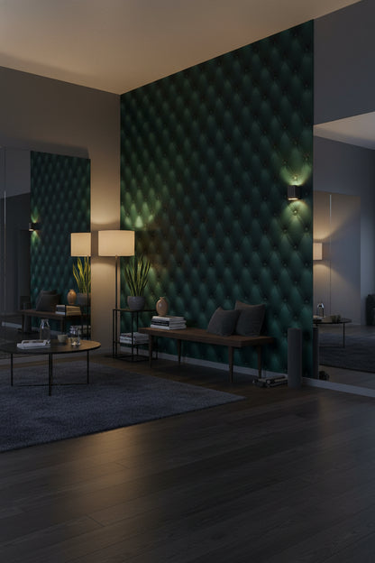 Kapitoneli Deri Desenli Duvar Kağıdı Koyu Yeşil Salon