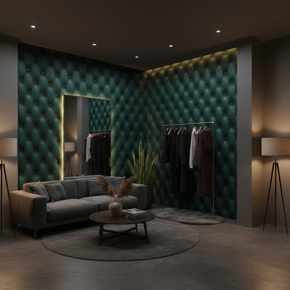 Kapitoneli Deri Desenli Duvar Kağıdı Koyu Yeşil Salon