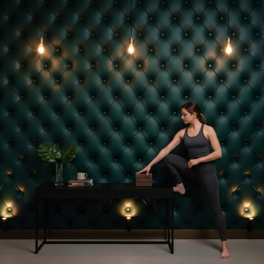 Kapitoneli Deri Desenli Duvar Kağıdı Koyu Yeşil Salon