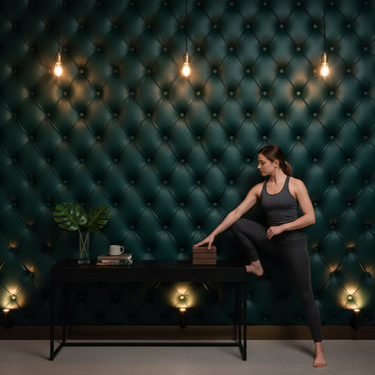 Kapitoneli Deri Desenli Duvar Kağıdı Koyu Yeşil Salon