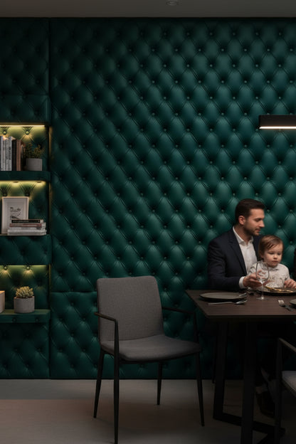 Kapitoneli Deri Desenli Duvar Kağıdı Koyu Yeşil Salon