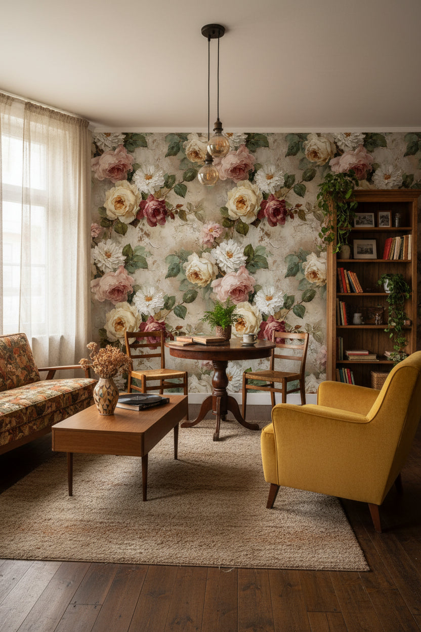 Vintage Güllü Çiçekli Duvar Kağıdı Bej Yatak Odası