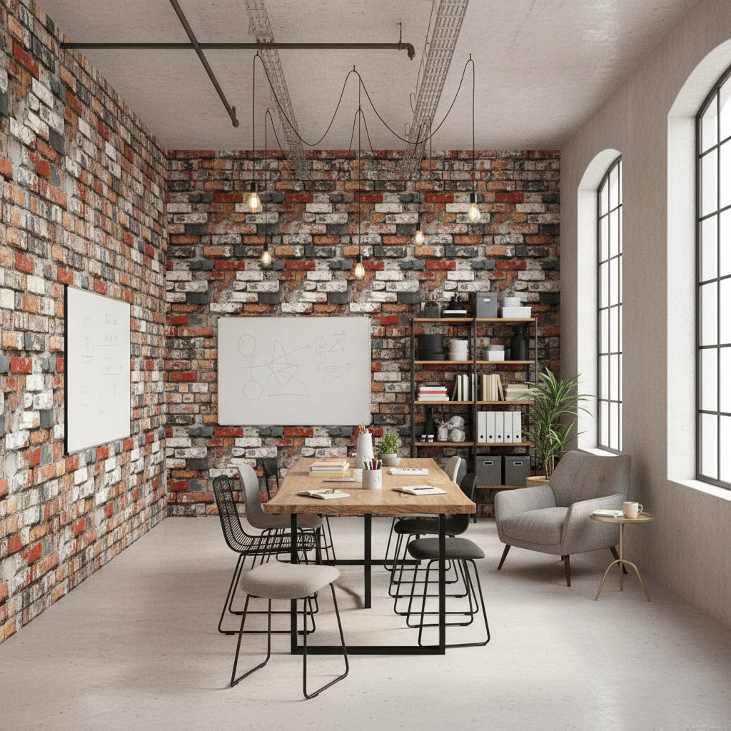 Endüstriyel Tuğla Desenli Duvar Kağıdı Kırmızı Gri Salon