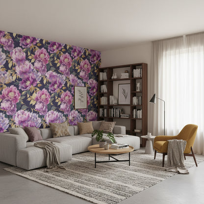 Mor Şakayık Çiçekli Duvar Kağıdı Koyu Zemin Yatak Odası