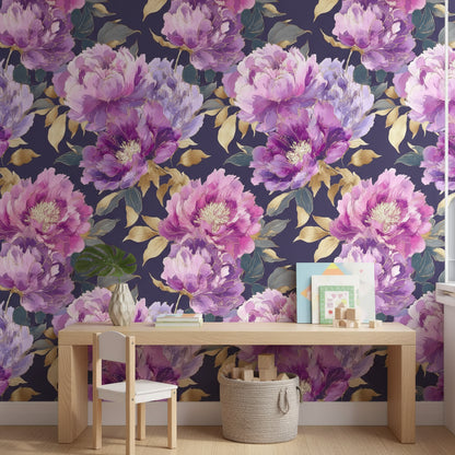 Mor Şakayık Çiçekli Duvar Kağıdı Koyu Zemin Yatak Odası