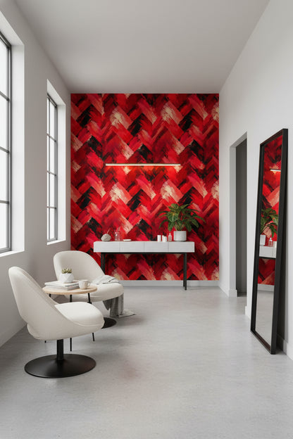 Soyut Geometrik Duvar Kağıdı Kırmızı Siyah Fırça Desenli Salon