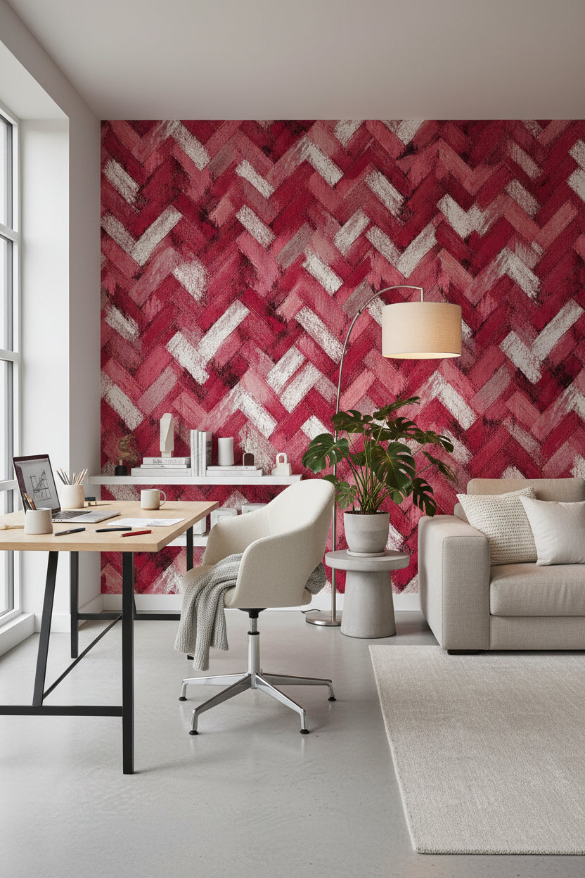 Bordo Zikzak Desenli Duvar Kağıdı Modern Salon