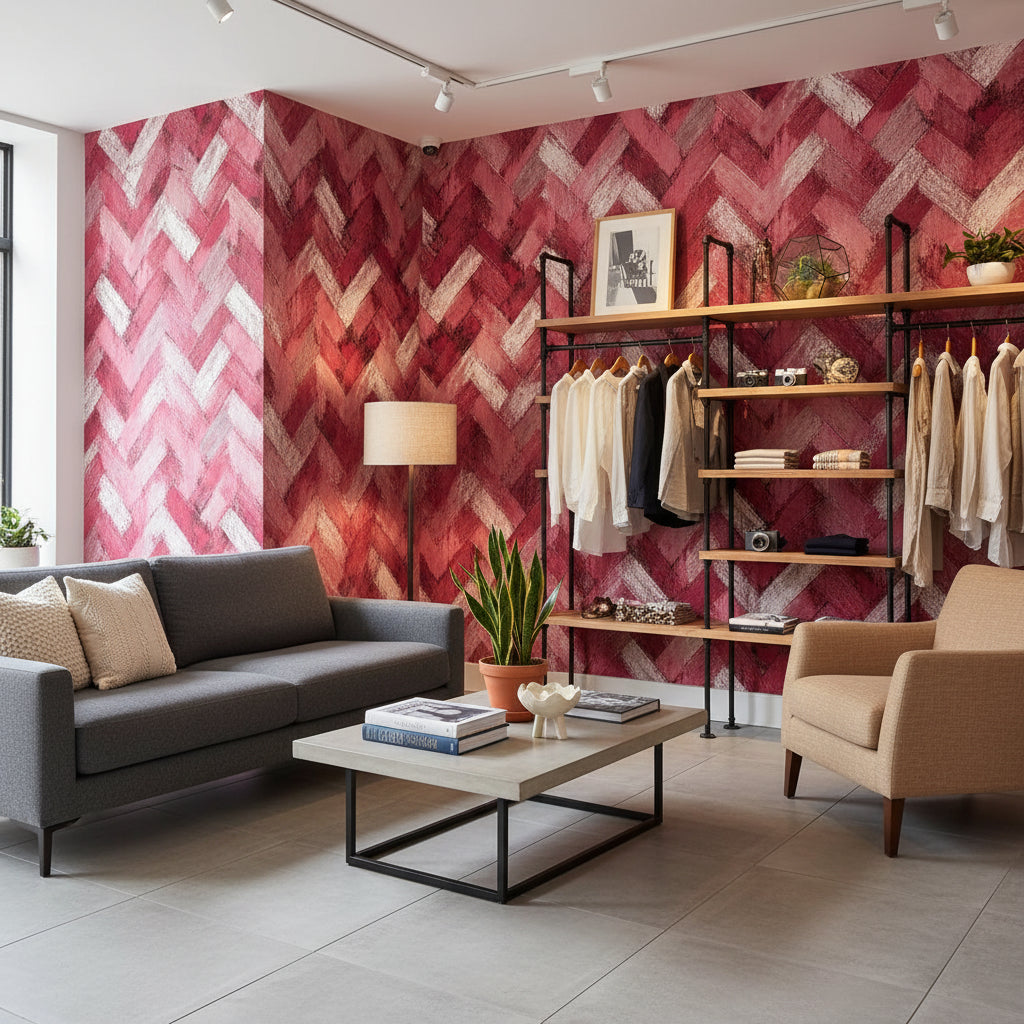 Bordo Zikzak Desenli Duvar Kağıdı Modern Salon