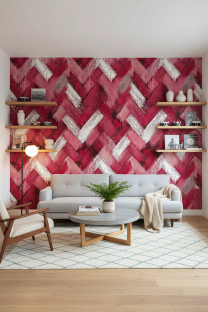 Bordo Zikzak Desenli Duvar Kağıdı Modern Salon