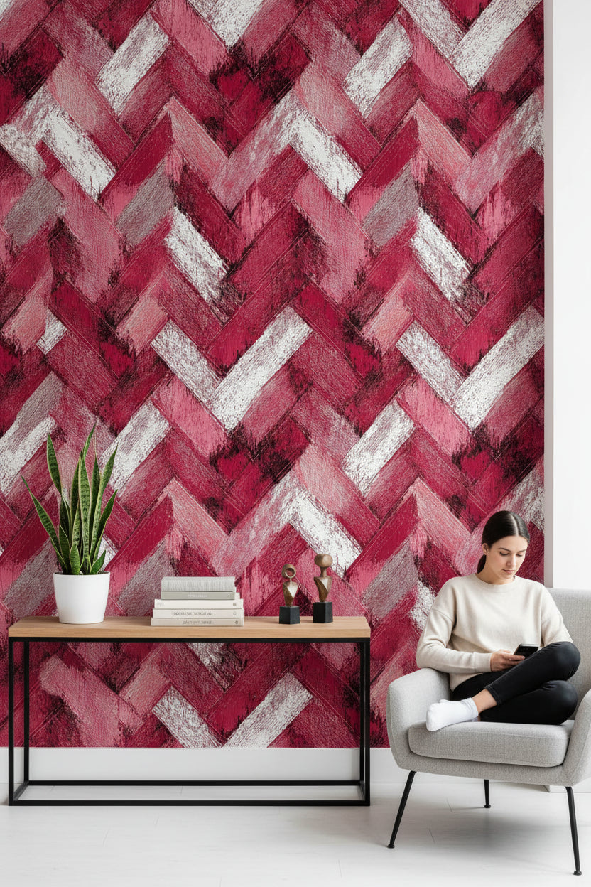 Bordo Zikzak Desenli Duvar Kağıdı Modern Salon