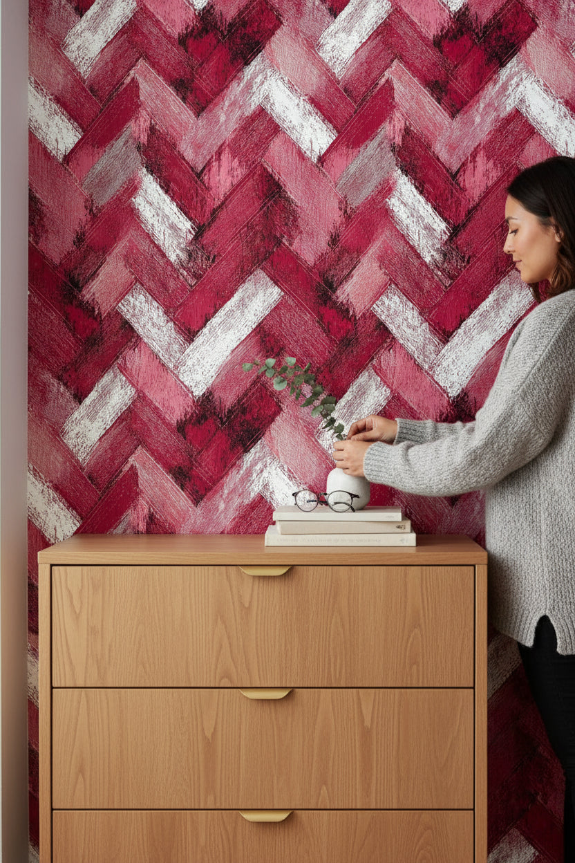 Bordo Zikzak Desenli Duvar Kağıdı Modern Salon