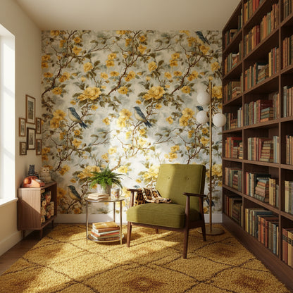 Sarı Çiçekli Kuş Desenli Duvar Kağıdı Salon