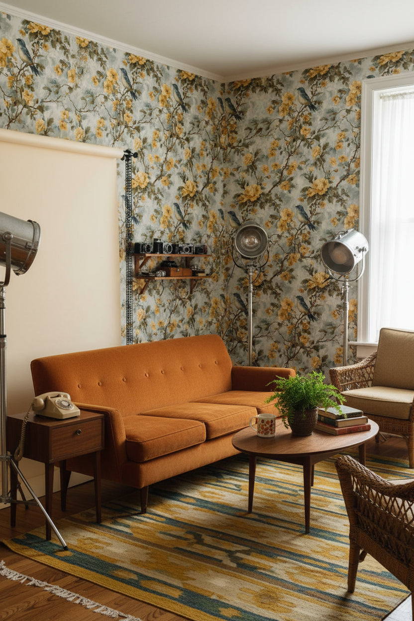 Sarı Çiçekli Kuş Desenli Duvar Kağıdı Salon