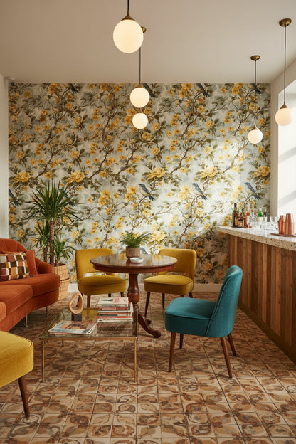 Sarı Çiçekli Kuş Desenli Duvar Kağıdı Salon