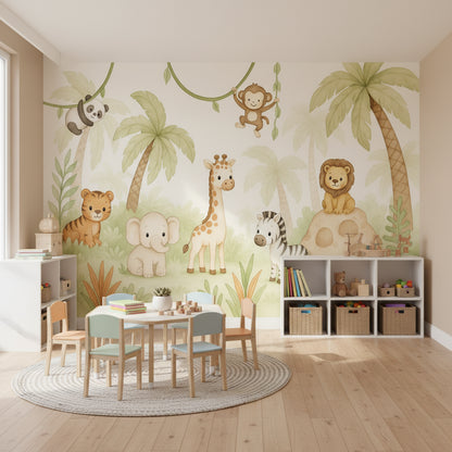 Safari Hayvanlı Poster Duvar Kağıdı Pastel Yeşil Çocuk Odası