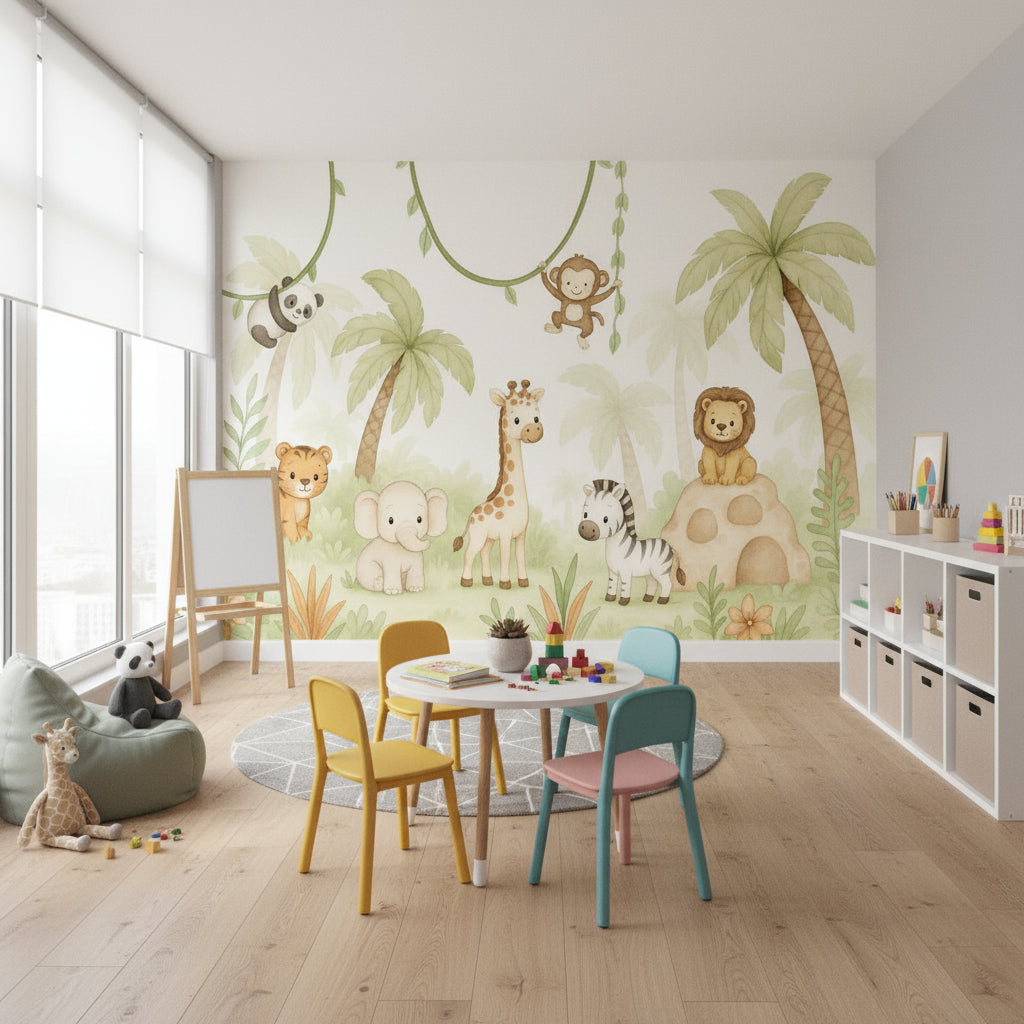 Safari Hayvanlı Poster Duvar Kağıdı Pastel Yeşil Çocuk Odası