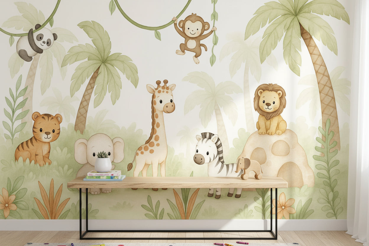 Safari Hayvanlı Poster Duvar Kağıdı Pastel Yeşil Çocuk Odası