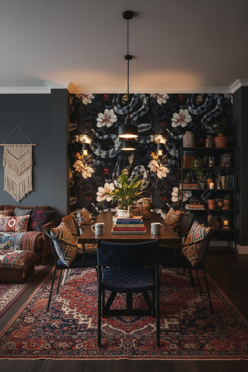 Yılan Desenli Duvar Kağıdı Koyu Ton Salon Duvarı