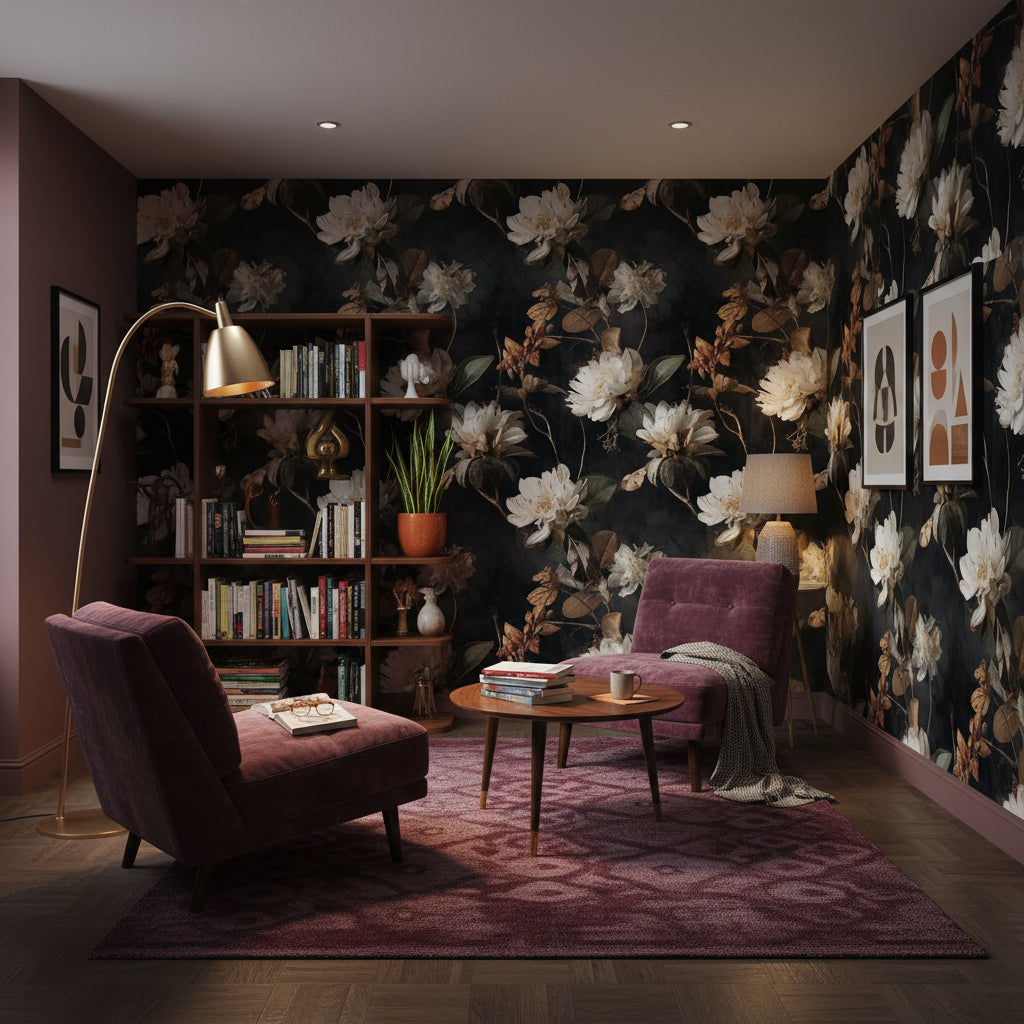 Koyu Zeminli Büyük Çiçekli Duvar Kağıdı Salon