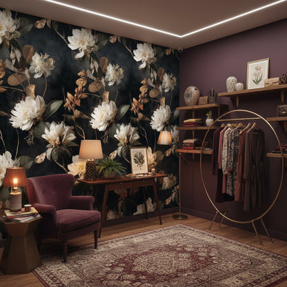 Koyu Zeminli Büyük Çiçekli Duvar Kağıdı Salon