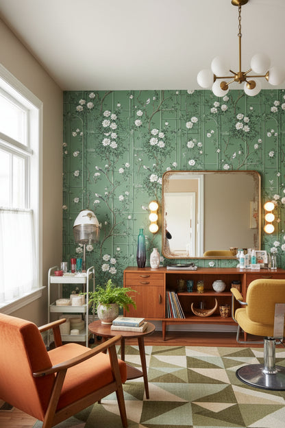 Kuşlu Çiçekli Duvar Kağıdı Yeşil Vintage Salon Deseni