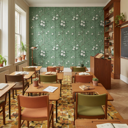 Kuşlu Çiçekli Duvar Kağıdı Yeşil Vintage Salon Deseni