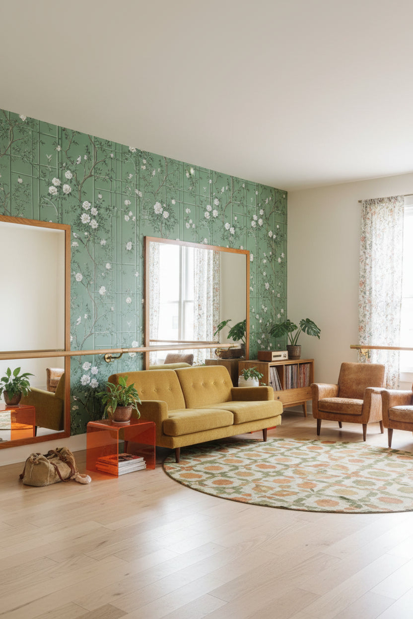 Kuşlu Çiçekli Duvar Kağıdı Yeşil Vintage Salon Deseni