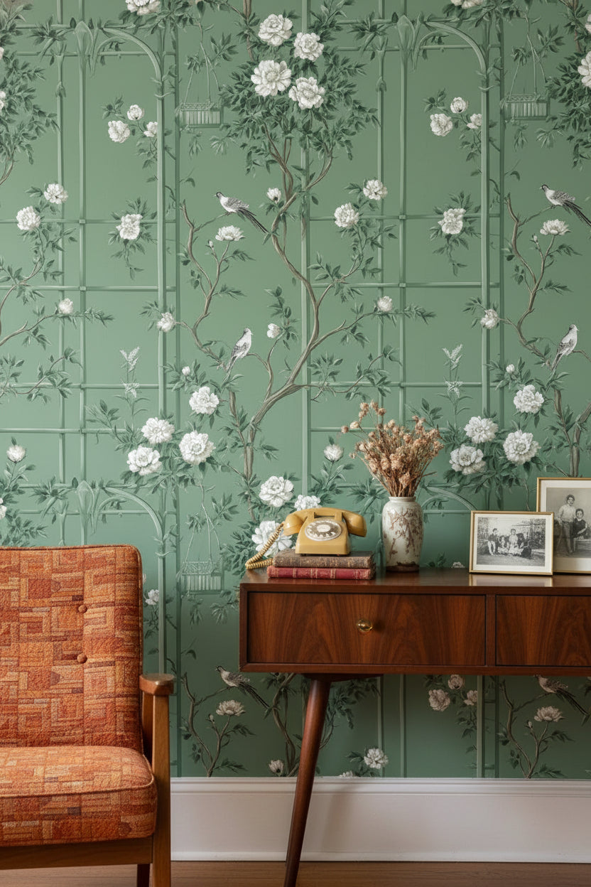 Kuşlu Çiçekli Duvar Kağıdı Yeşil Vintage Salon Deseni