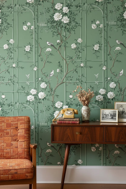 Kuşlu Çiçekli Duvar Kağıdı Yeşil Vintage Salon Deseni