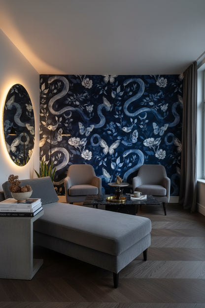 Yılan ve Kelebek Desenli Duvar Kağıdı Lacivert Salon