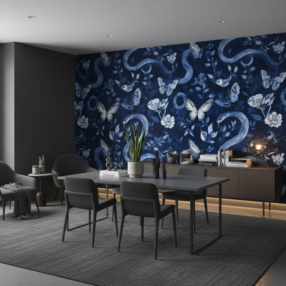Yılan ve Kelebek Desenli Duvar Kağıdı Lacivert Salon