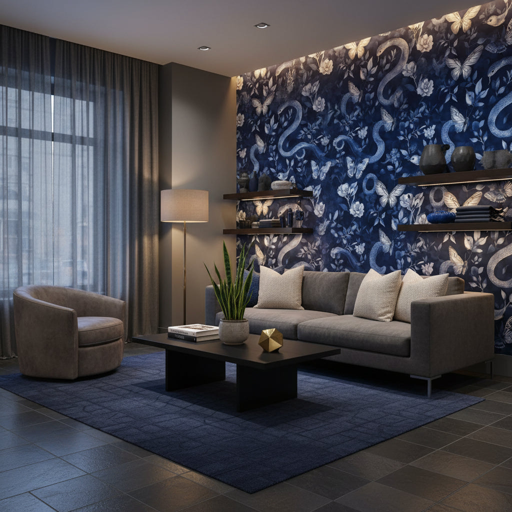 Yılan ve Kelebek Desenli Duvar Kağıdı Lacivert Salon