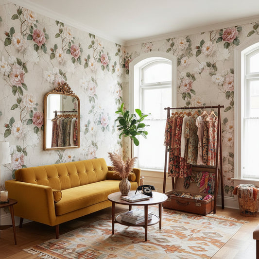 Vintage Güllü Duvar Kağıdı Krem Zemin Salon