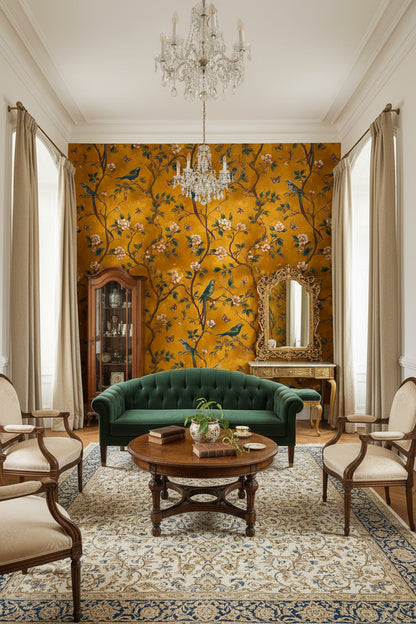 Kuş ve Çiçek Desenli Duvar Kağıdı Sarı Vintage Salon