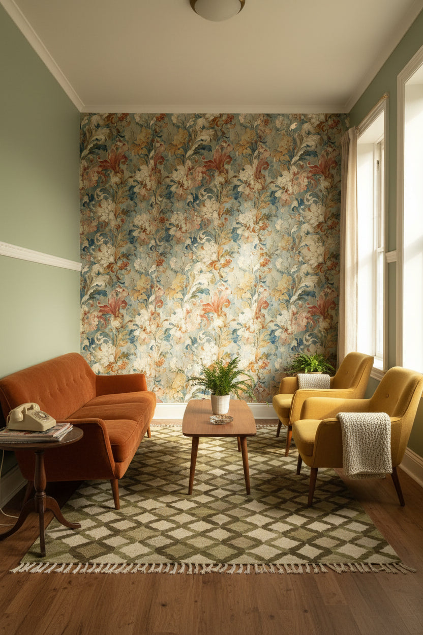 Vintage Çiçekli Duvar Kağıdı Pastel Mavi Salon Duvar Dekoru