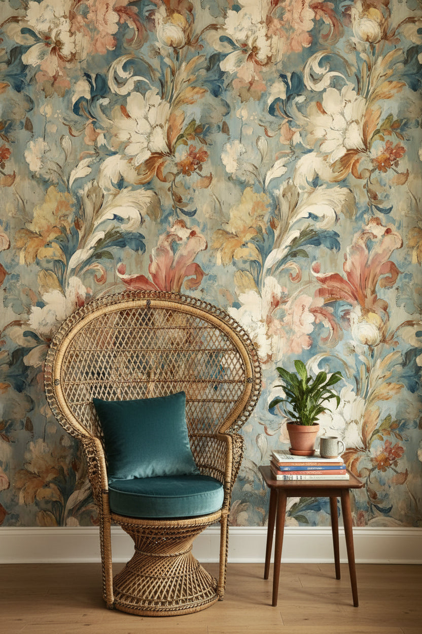 Vintage Çiçekli Duvar Kağıdı Pastel Mavi Salon Duvar Dekoru