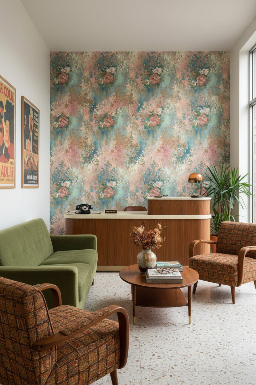 Vintage Çiçekli Duvar Kağıdı Turkuaz Pudra Pembe Salon